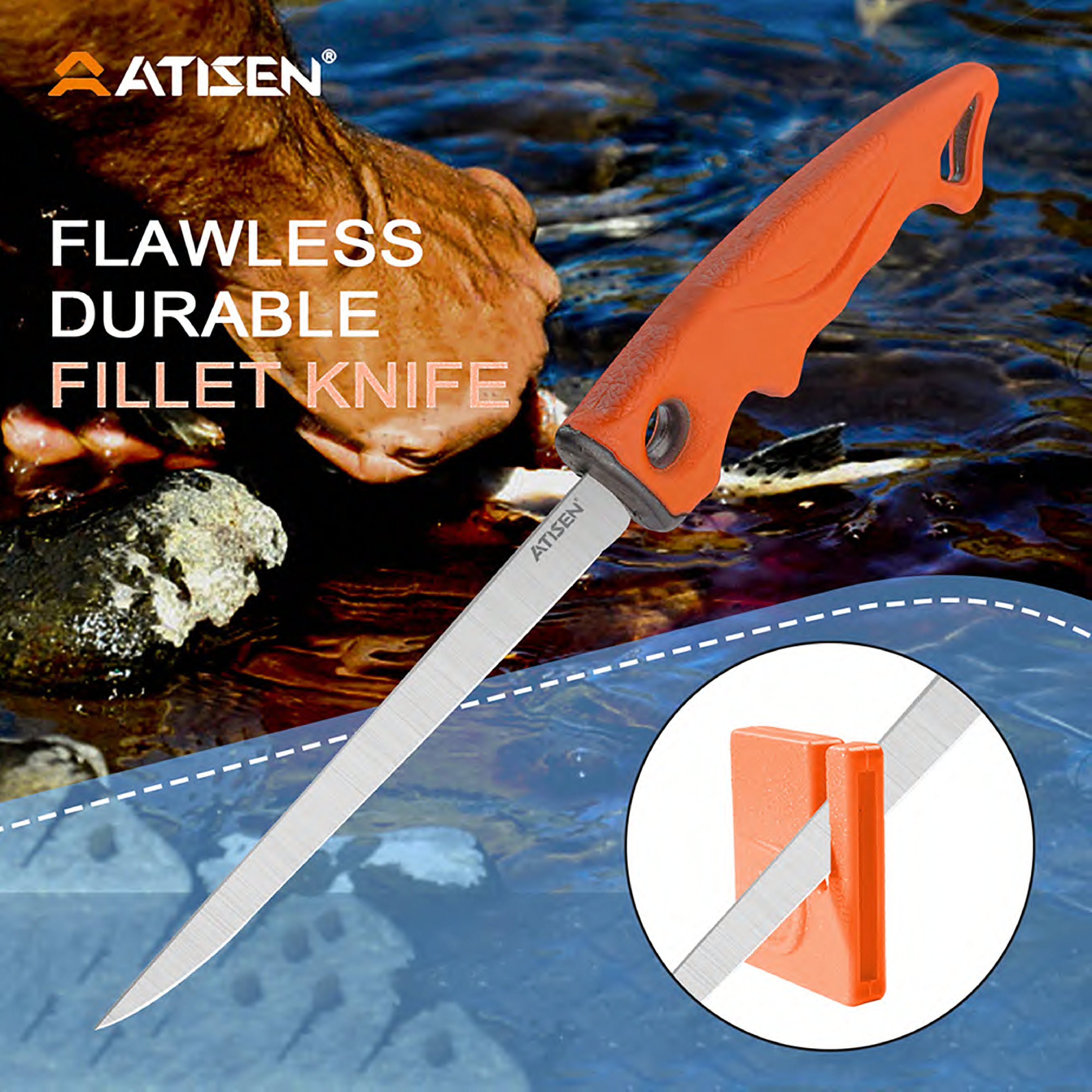 Atisen premium fishing knife counter tub. Wholesale camping and fishing supplies for USA hardware stores.