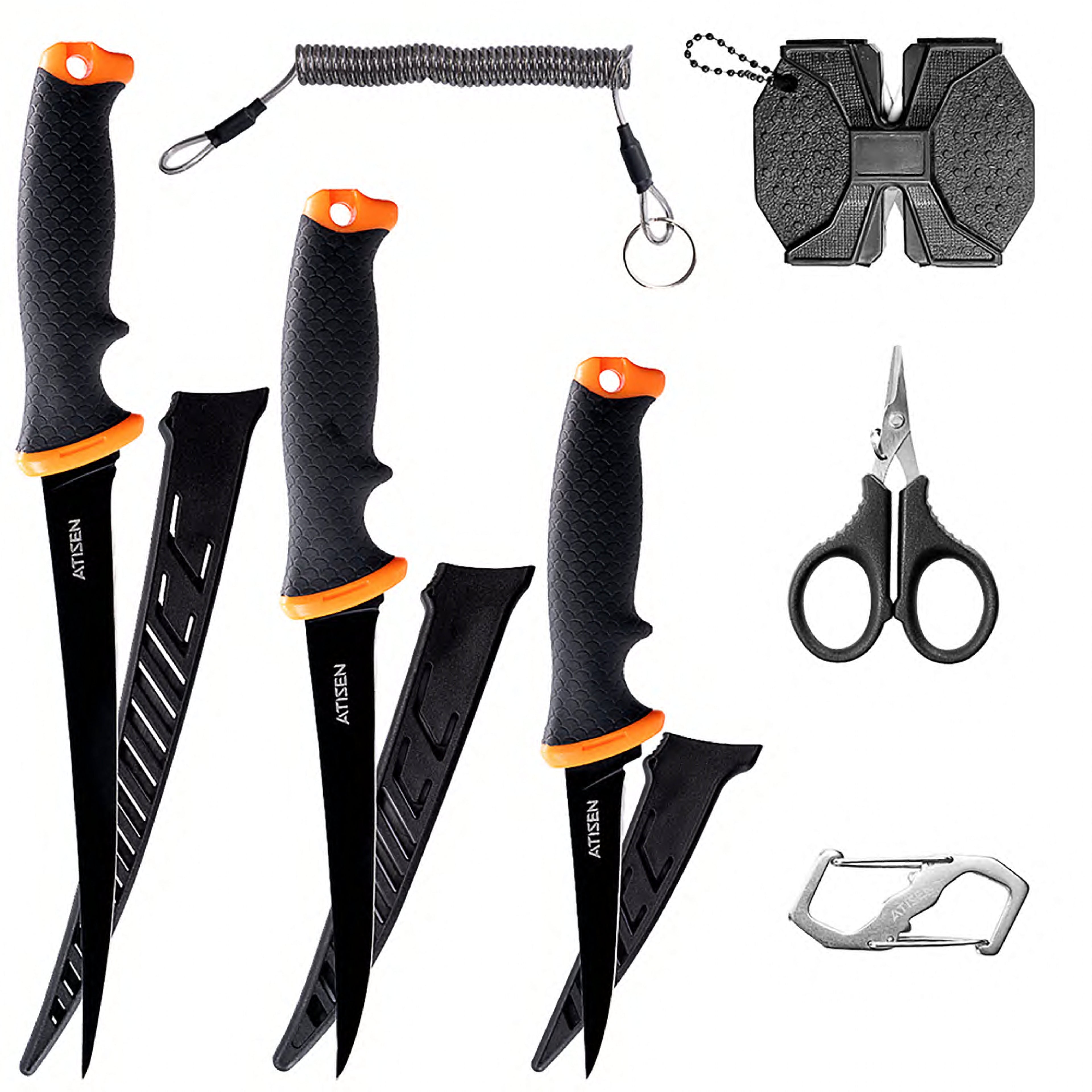 Atisen fishing knife set in transparent tackle box. Wholesale outdoor gear supplier for USA distributors.